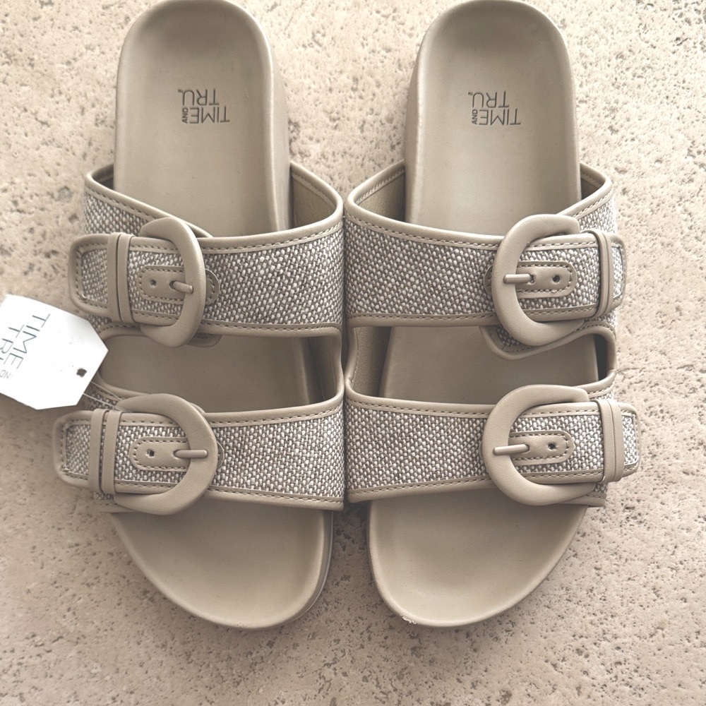Time and Tru Neutral Beige Double-Strap Buckle Slide Sandals